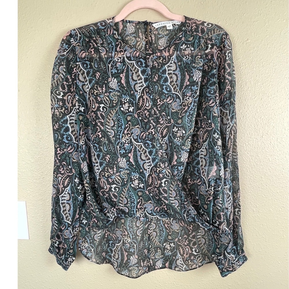 Veronica Beard 100% Silk Paisley Faux Wrap Blouse Sheer Long Sleeve Black Size 4 - Picture 3 of 13